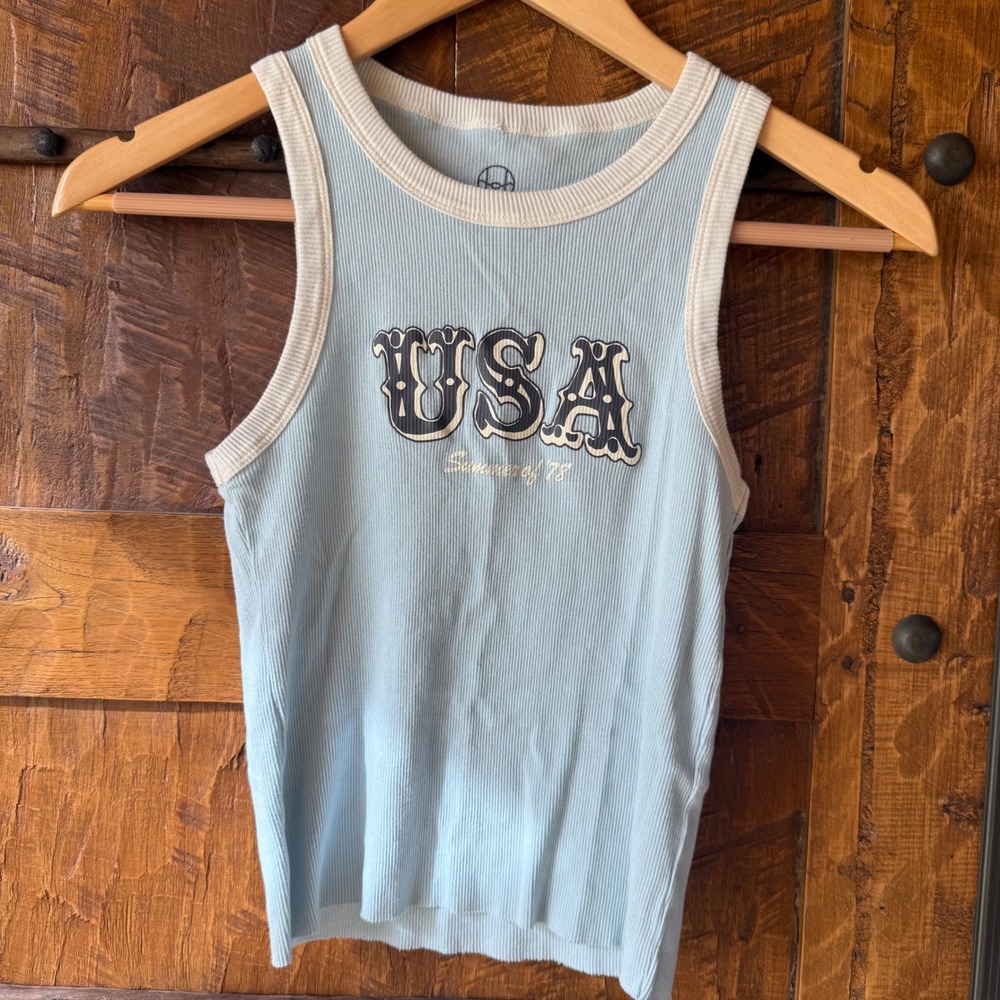 Hills & Valleys Tank Top Women S Blue USA Summer of 78 Ribbed Ringer Graphic Tee